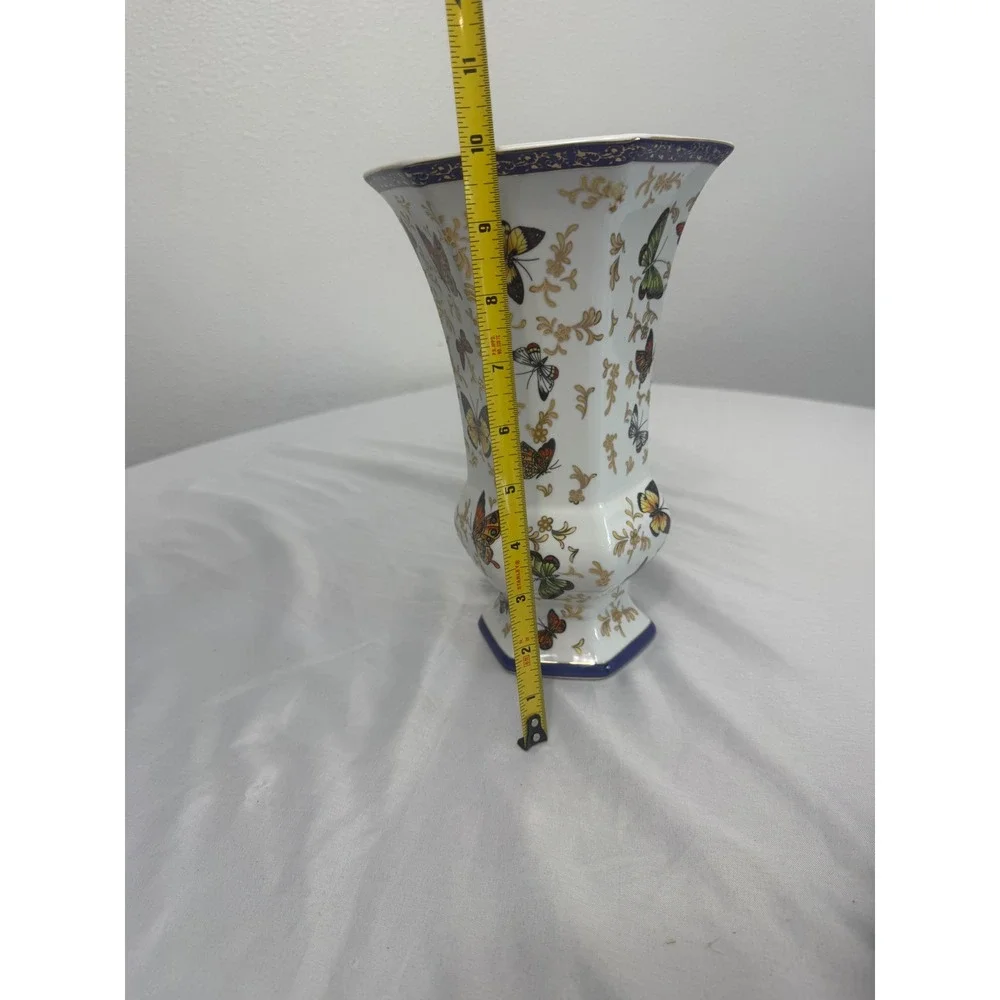 Formalities by Baum Bros Butterfly Floral Hexagon China Vase Blue Gold 10 Inch